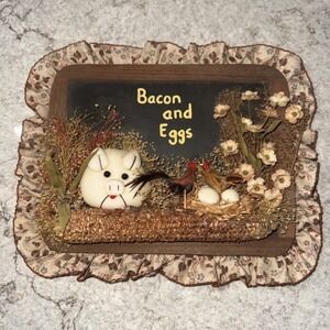 Country Folk Art Bacon Eggs Framed Wood Wall Hanging OOAK Vintage Cottage 11x9